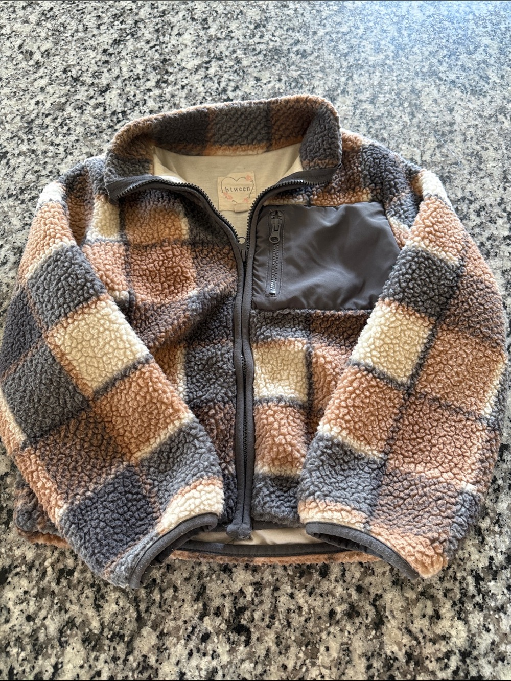 btween Kids Plaid Sherpa Jacket in Brown, Gray & Cream